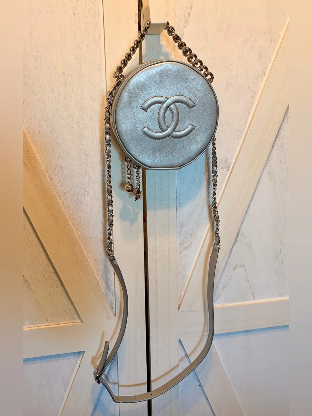 CHANEL Round Quilted Crossbody Bag in Silver with Chain (includes COA)